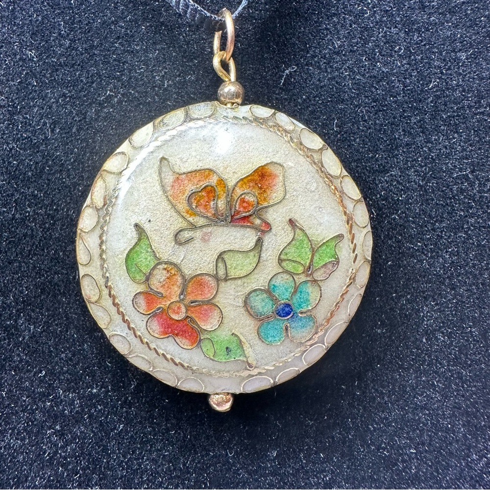 Vintage Cloisonné Enamel Butterfly and Flowers Circle Pendant Slide